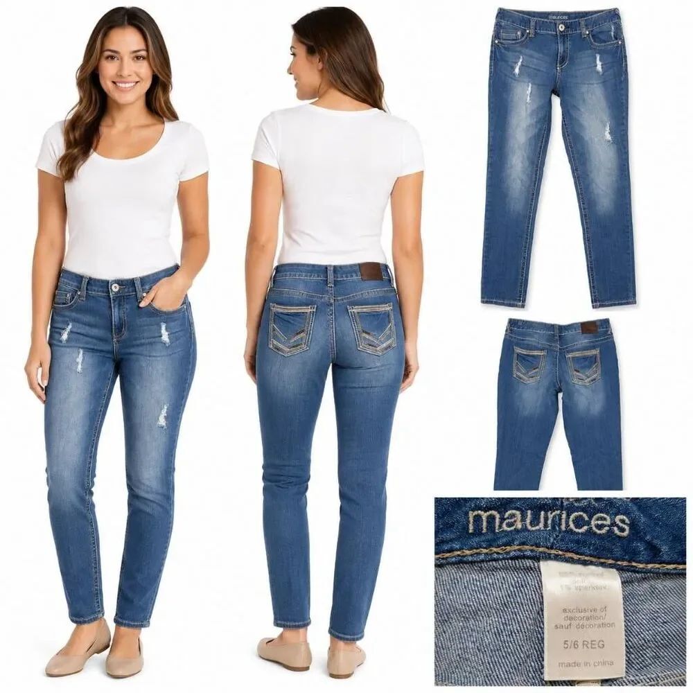 Maurices 5/6 Distressed Mid Rise Skinny Jeans Blue